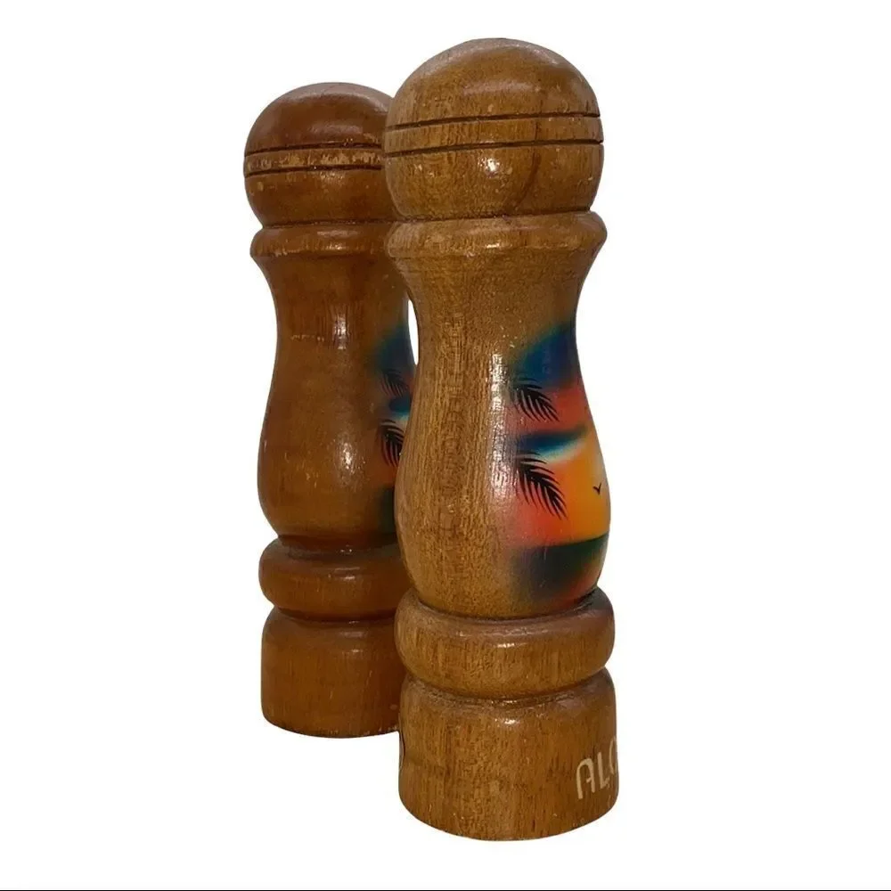 Vintage Aloha Hawaii Wood Kitsch Tall Salt and Pepper Shakers